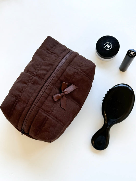 cotton beauty bag dark brown, coffee brown, espresso brown, ribbon, zipper pouch